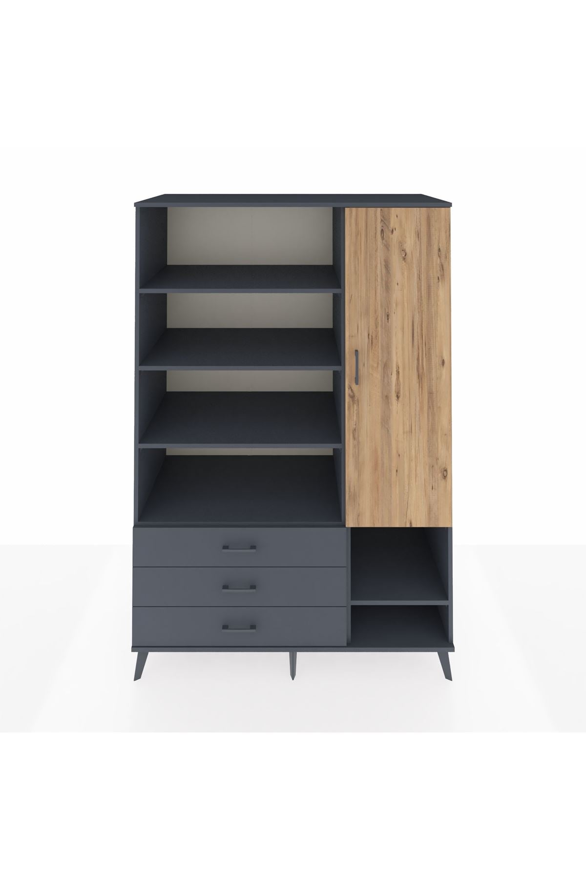 Kronos Dolap 9 Raflı 3 Çekmeceli Tek Kapaklı  132x59x195 Antrasit-Çam/Antrasit