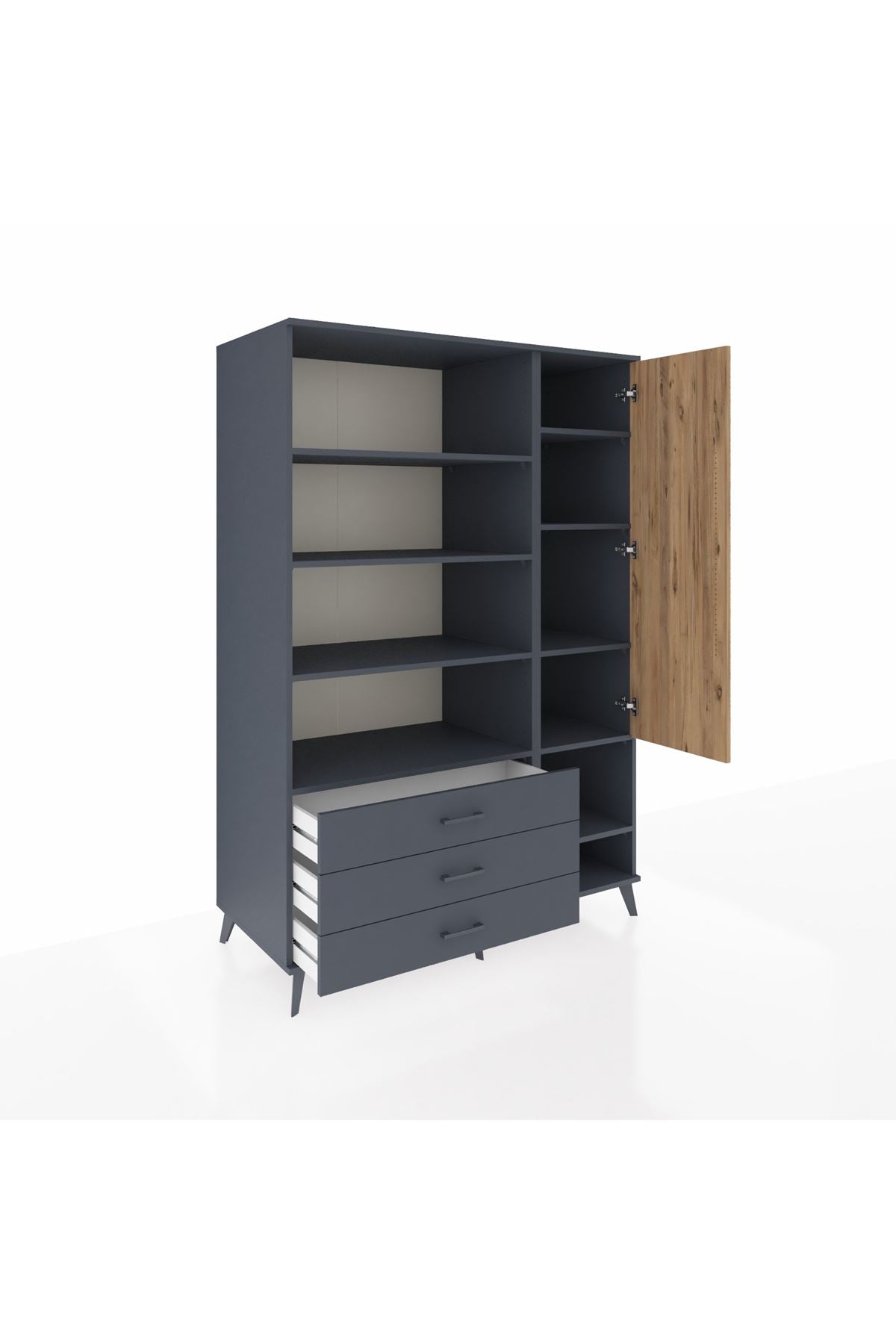 Kronos Dolap 9 Raflı 3 Çekmeceli Tek Kapaklı  132x59x195 Antrasit-Çam/Antrasit