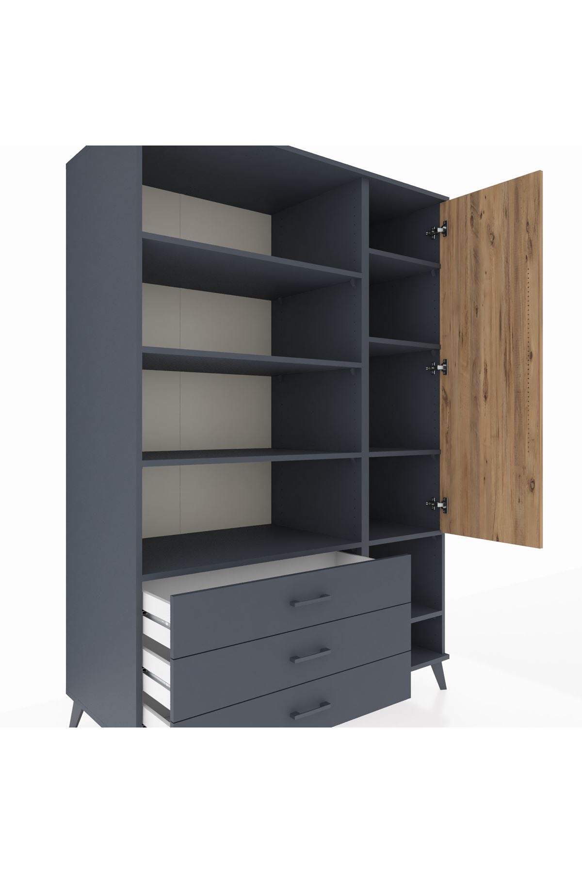 Kronos Dolap 9 Raflı 3 Çekmeceli Tek Kapaklı  132x59x195 Antrasit-Çam/Antrasit