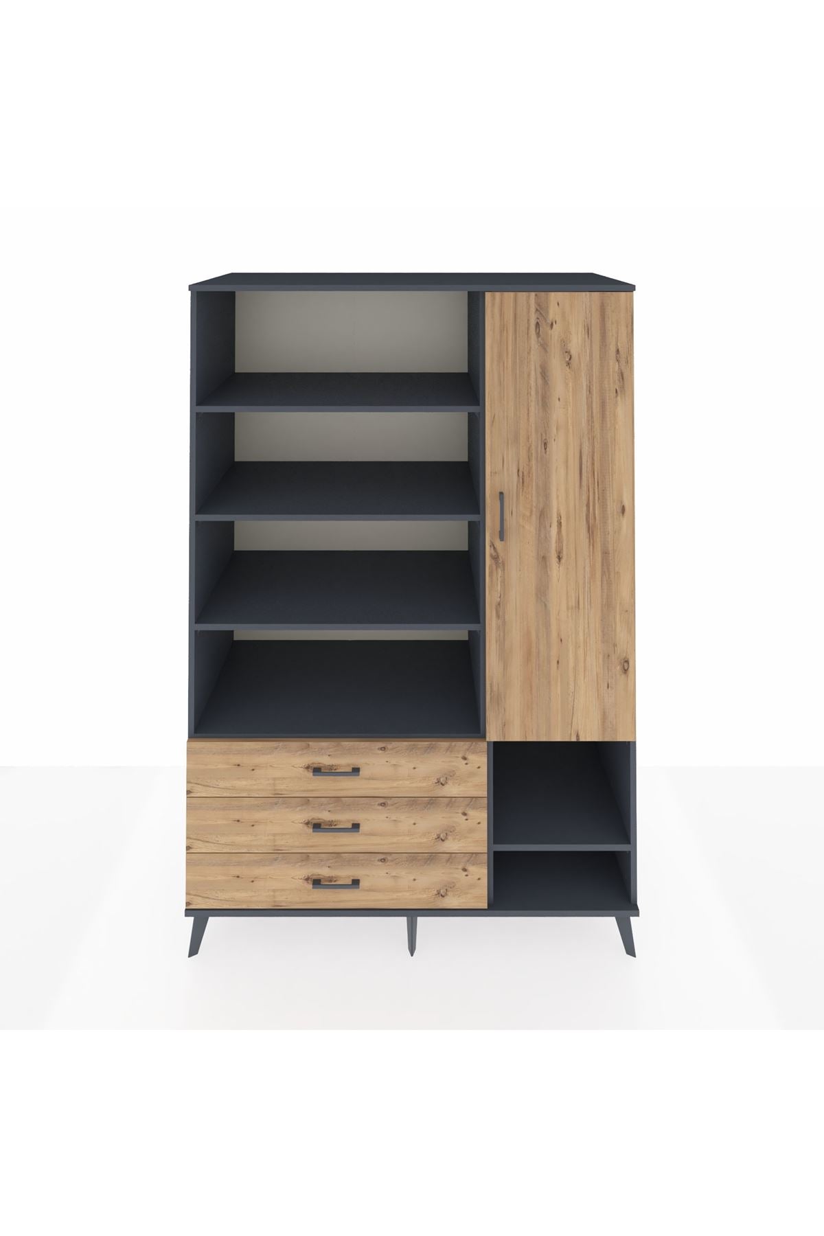 Kronos Dolap 9 Raflı 3 Çekmeceli Tek Kapaklı  132x59x195 Antrasit-Çam/Çam