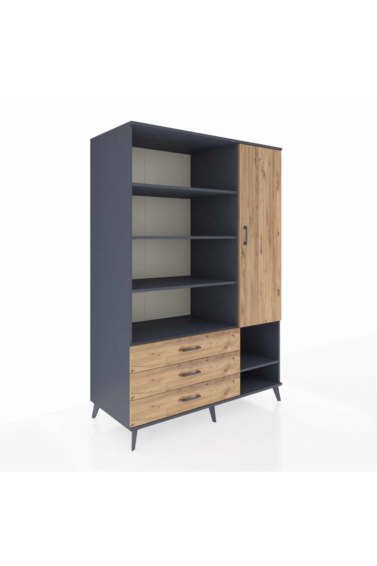 Kronos Dolap 9 Raflı 3 Çekmeceli Tek Kapaklı  132x59x195 Antrasit-Çam/Çam