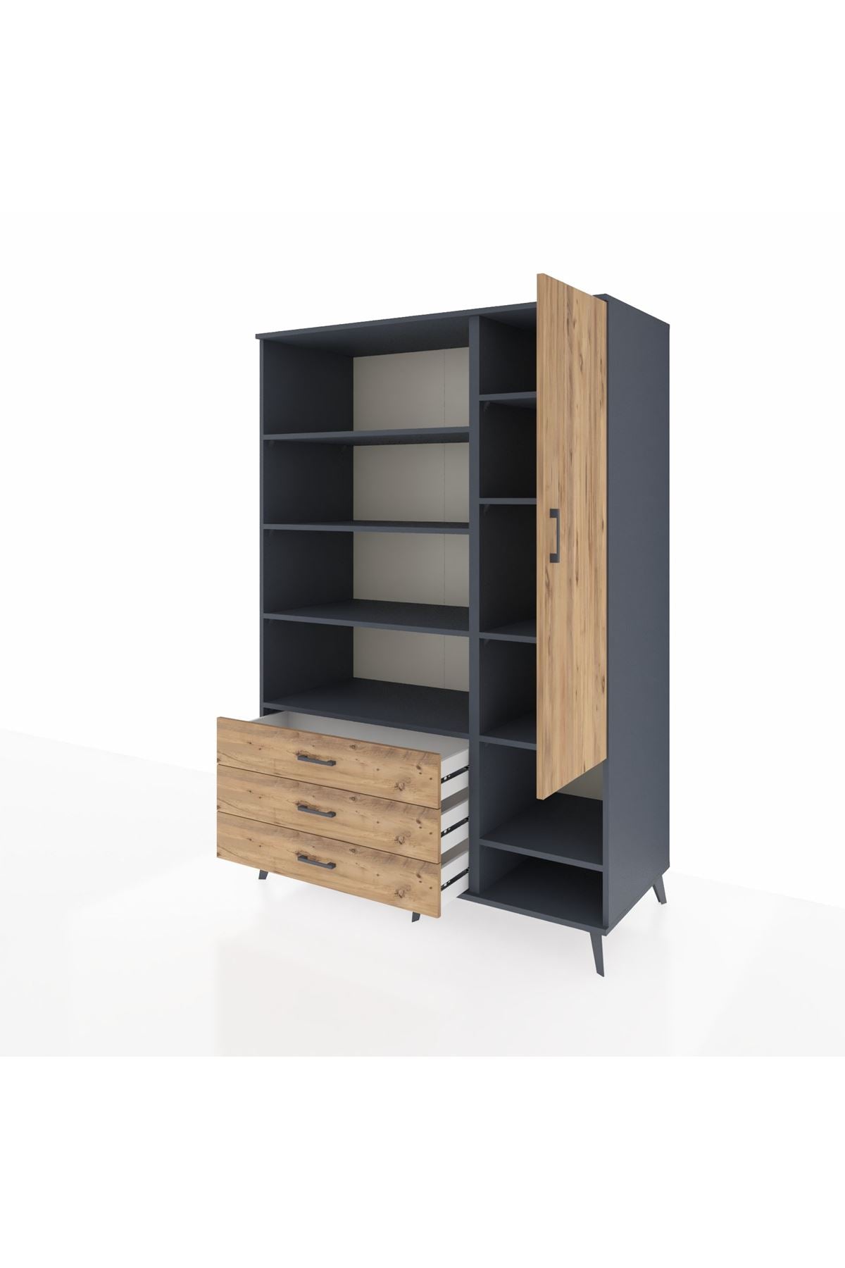 Kronos Dolap 9 Raflı 3 Çekmeceli Tek Kapaklı  132x59x195 Antrasit-Çam/Çam