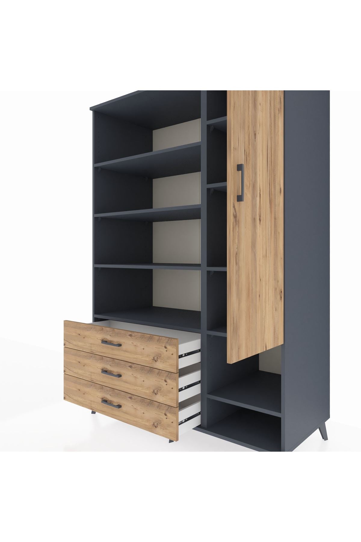 Kronos Dolap 9 Raflı 3 Çekmeceli Tek Kapaklı  132x59x195 Antrasit-Çam/Çam