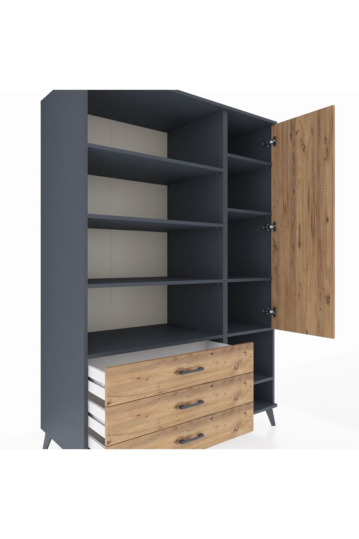 Kronos Dolap 9 Raflı 3 Çekmeceli Tek Kapaklı  132x59x195 Antrasit-Çam/Çam