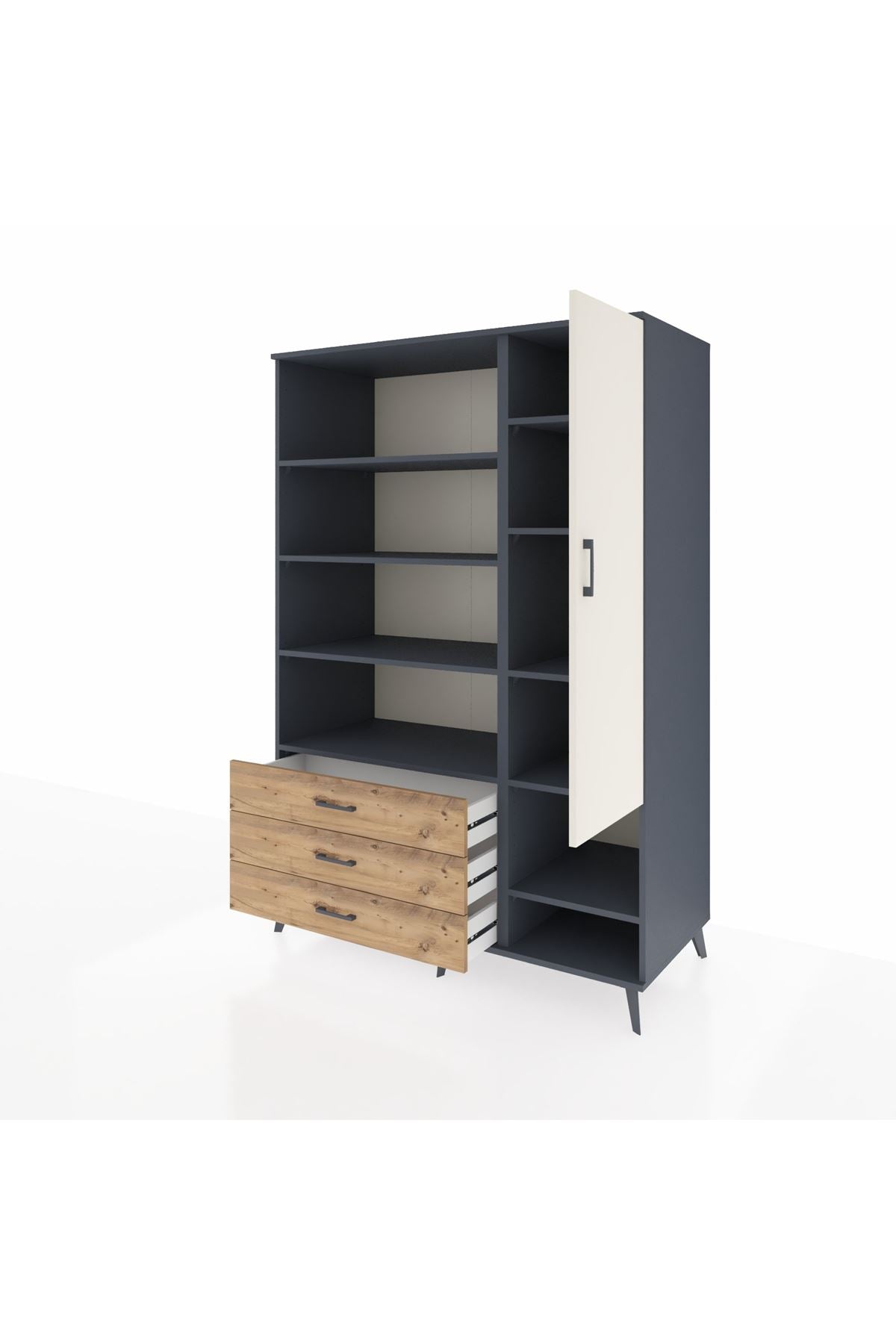 Kronos Dolap 9 Raflı 3 Çekmeceli Tek Kapaklı  132x59x195 Antrasit-Aytaşı/Çam