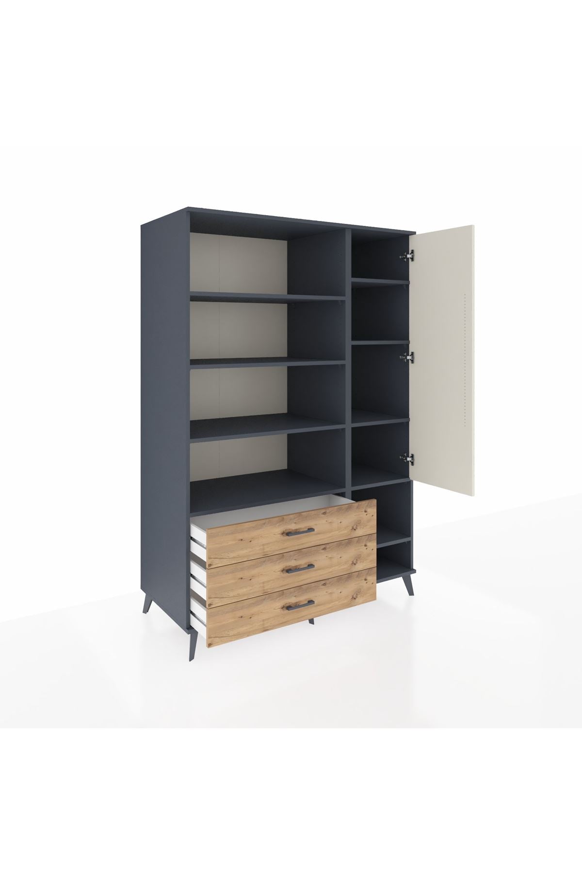Kronos Dolap 9 Raflı 3 Çekmeceli Tek Kapaklı  132x59x195 Antrasit-Aytaşı/Çam