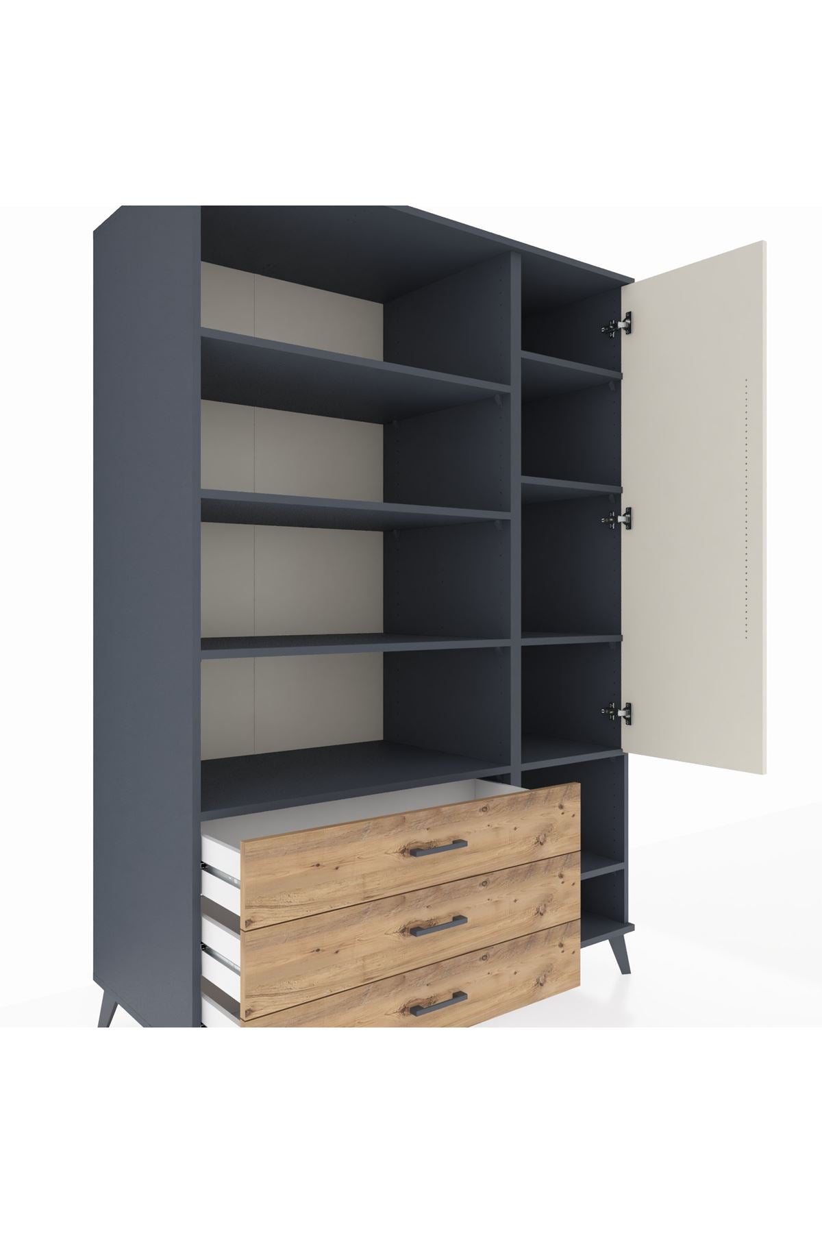 Kronos Dolap 9 Raflı 3 Çekmeceli Tek Kapaklı  132x59x195 Antrasit-Aytaşı/Çam