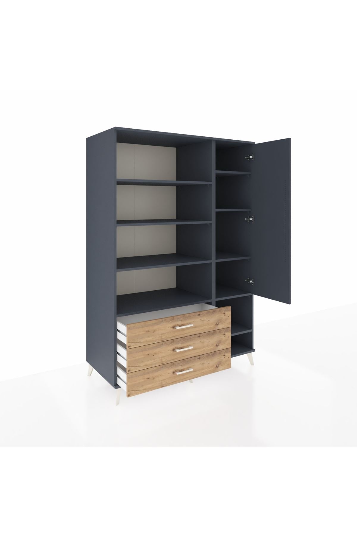 Kronos Dolap 9 Raflı 3 Çekmeceli Tek Kapaklı  132x59x195 Antrasit-Antrasit/Çam