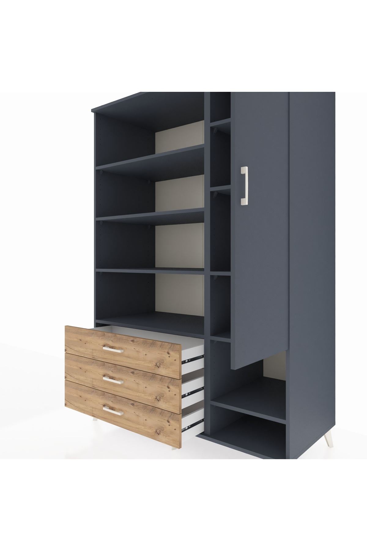 Kronos Dolap 9 Raflı 3 Çekmeceli Tek Kapaklı  132x59x195 Antrasit-Antrasit/Çam