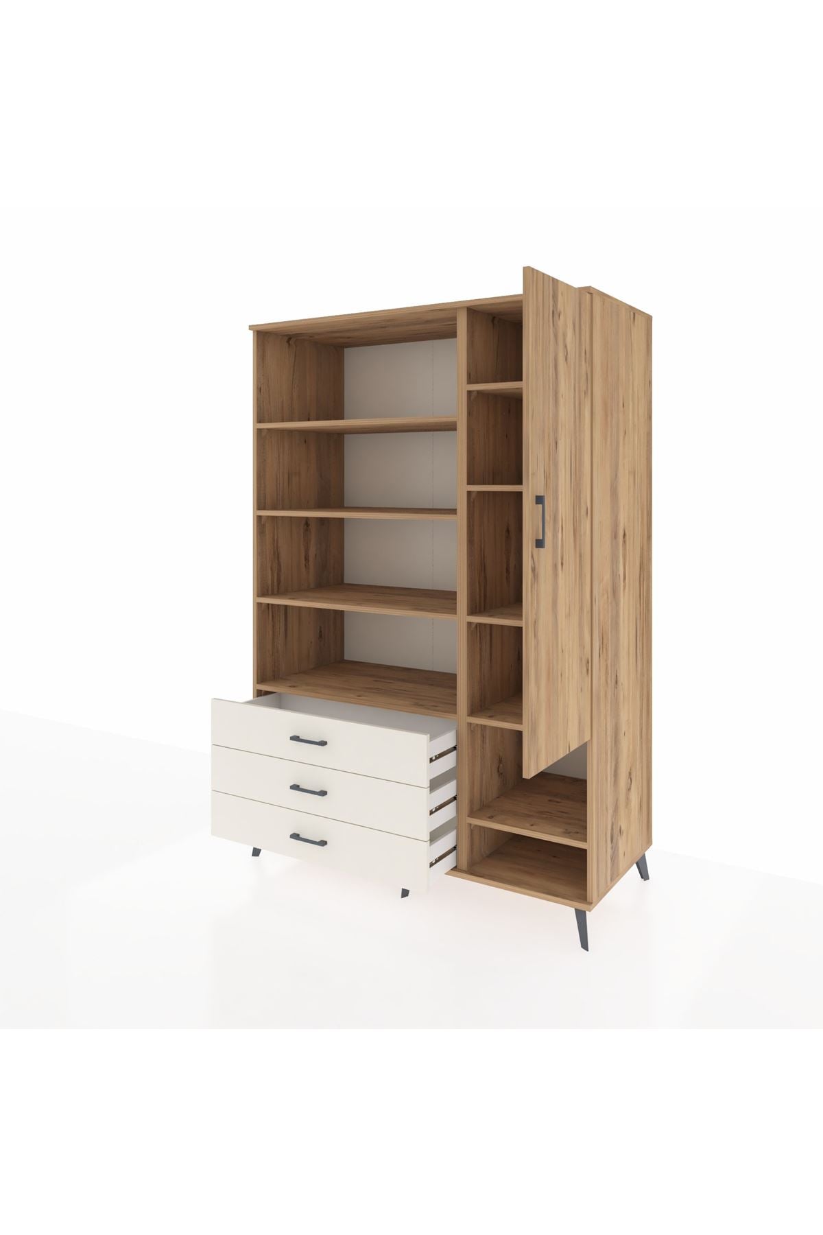 Kronos Dolap 9 Raflı 3 Çekmeceli Tek Kapaklı  132x59x195 Çam-Çam/Aytaşı