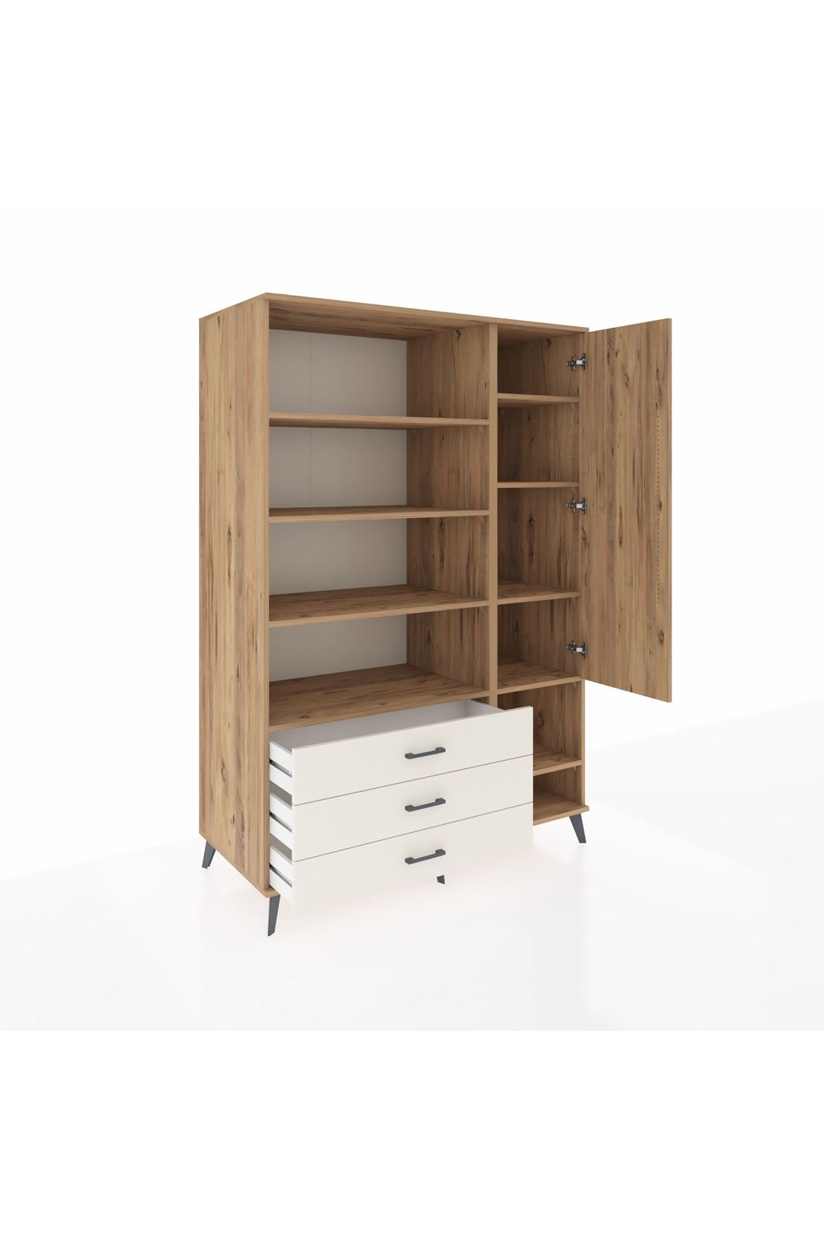 Kronos Dolap 9 Raflı 3 Çekmeceli Tek Kapaklı  132x59x195 Çam-Çam/Aytaşı