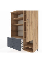 Kronos Dolap 9 Raflı 3 Çekmeceli Tek Kapaklı  132x59x195 Çam-Çam/Antrasit