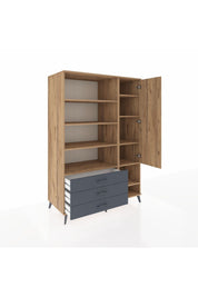 Kronos Dolap 9 Raflı 3 Çekmeceli Tek Kapaklı  132x59x195 Çam-Çam/Antrasit