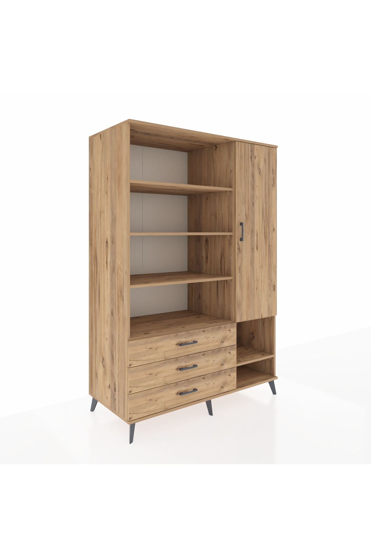 Kronos Dolap 9 Raflı 3 Çekmeceli Tek Kapaklı  132x59x195 Çam-Çam/Çam