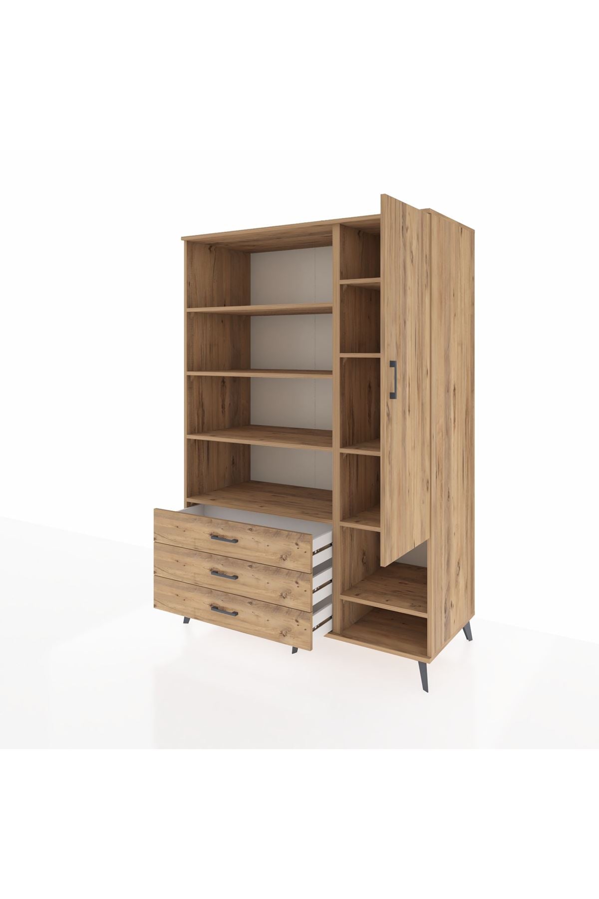 Kronos Dolap 9 Raflı 3 Çekmeceli Tek Kapaklı  132x59x195 Çam-Çam/Çam