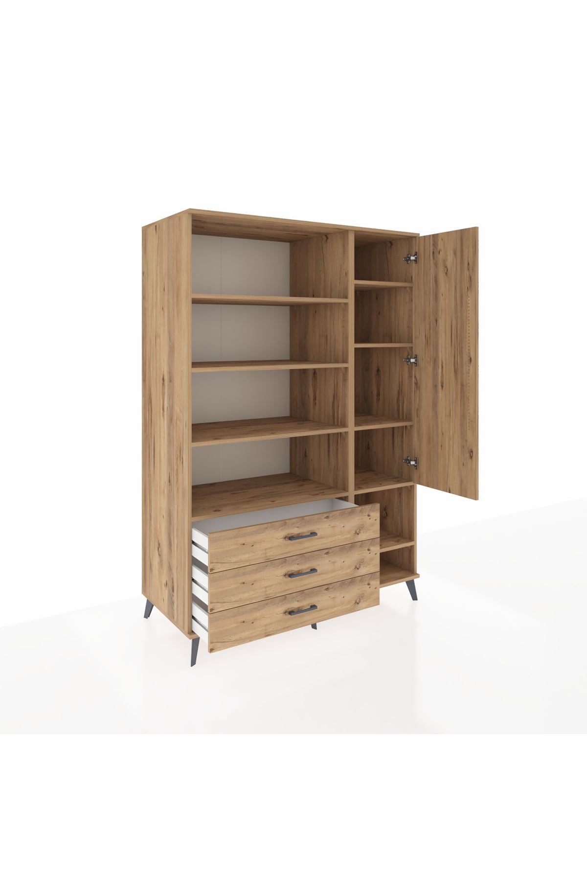 Kronos Dolap 9 Raflı 3 Çekmeceli Tek Kapaklı  132x59x195 Çam-Çam/Çam