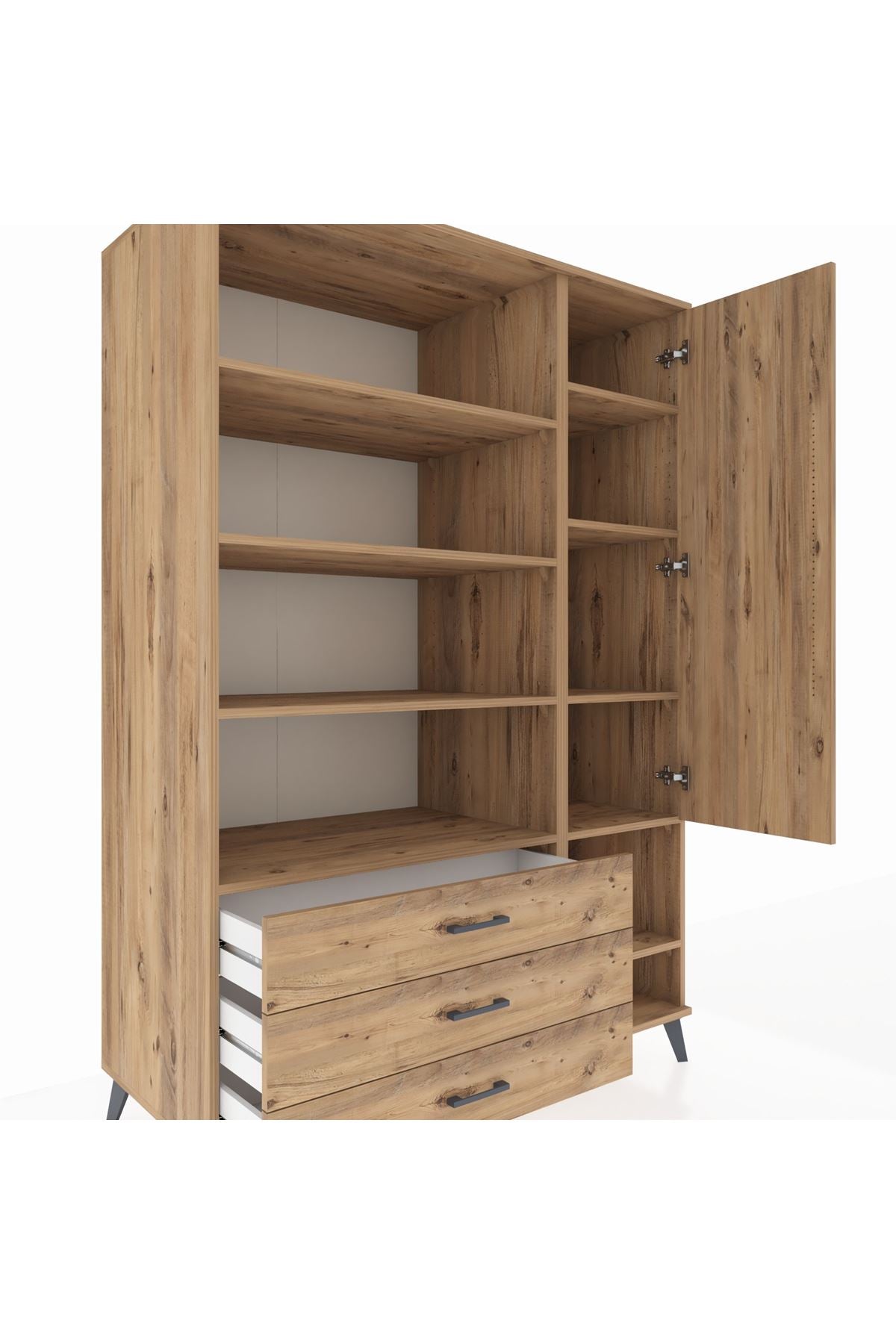 Kronos Dolap 9 Raflı 3 Çekmeceli Tek Kapaklı  132x59x195 Çam-Çam/Çam