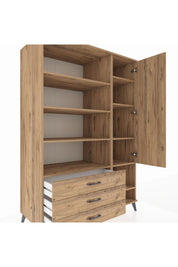 Kronos Dolap 9 Raflı 3 Çekmeceli Tek Kapaklı  132x59x195 Çam-Çam/Çam