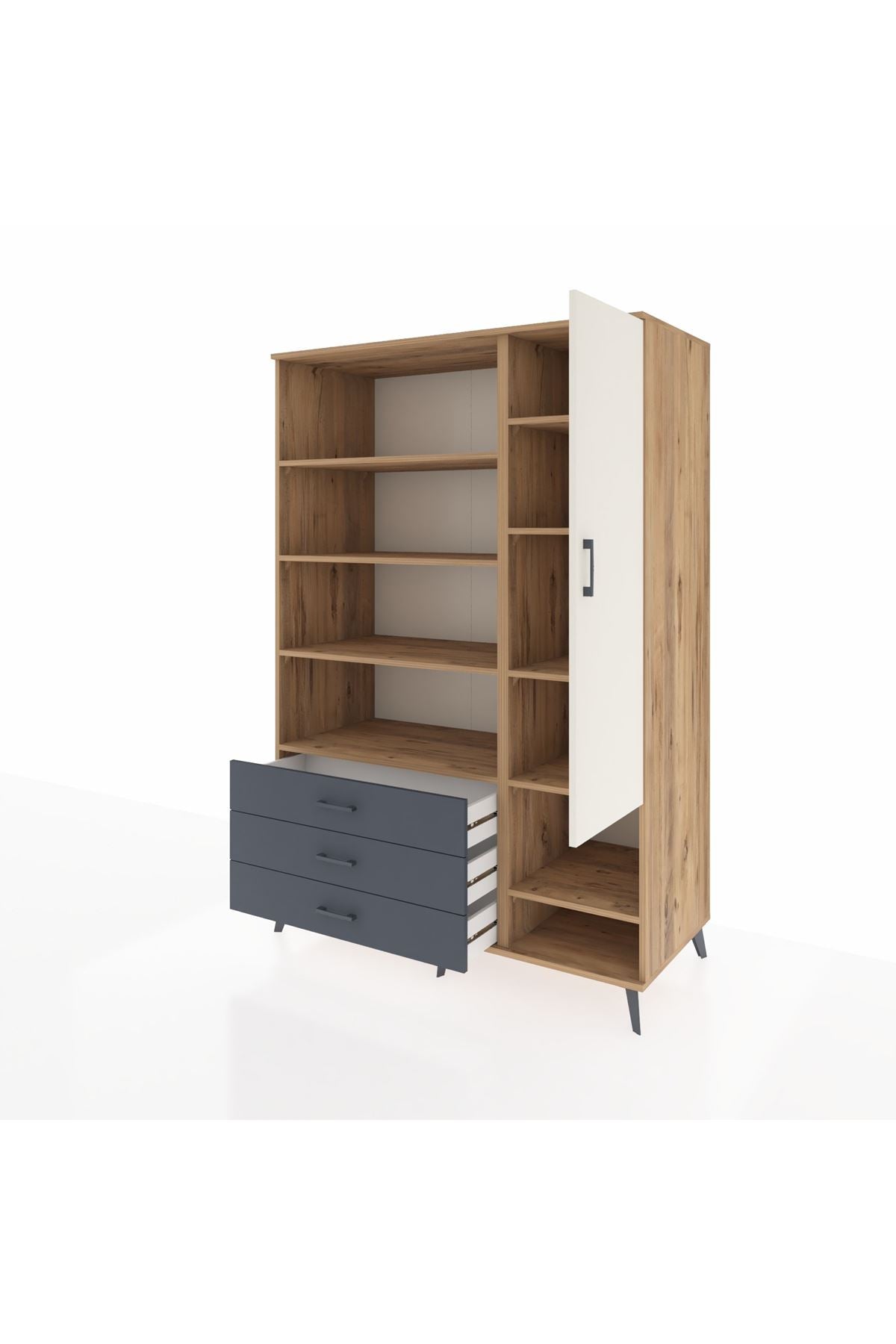 Kronos Dolap 9 Raflı 3 Çekmeceli Tek Kapaklı  132x59x195 Çam-Aytaşı/Antrasit