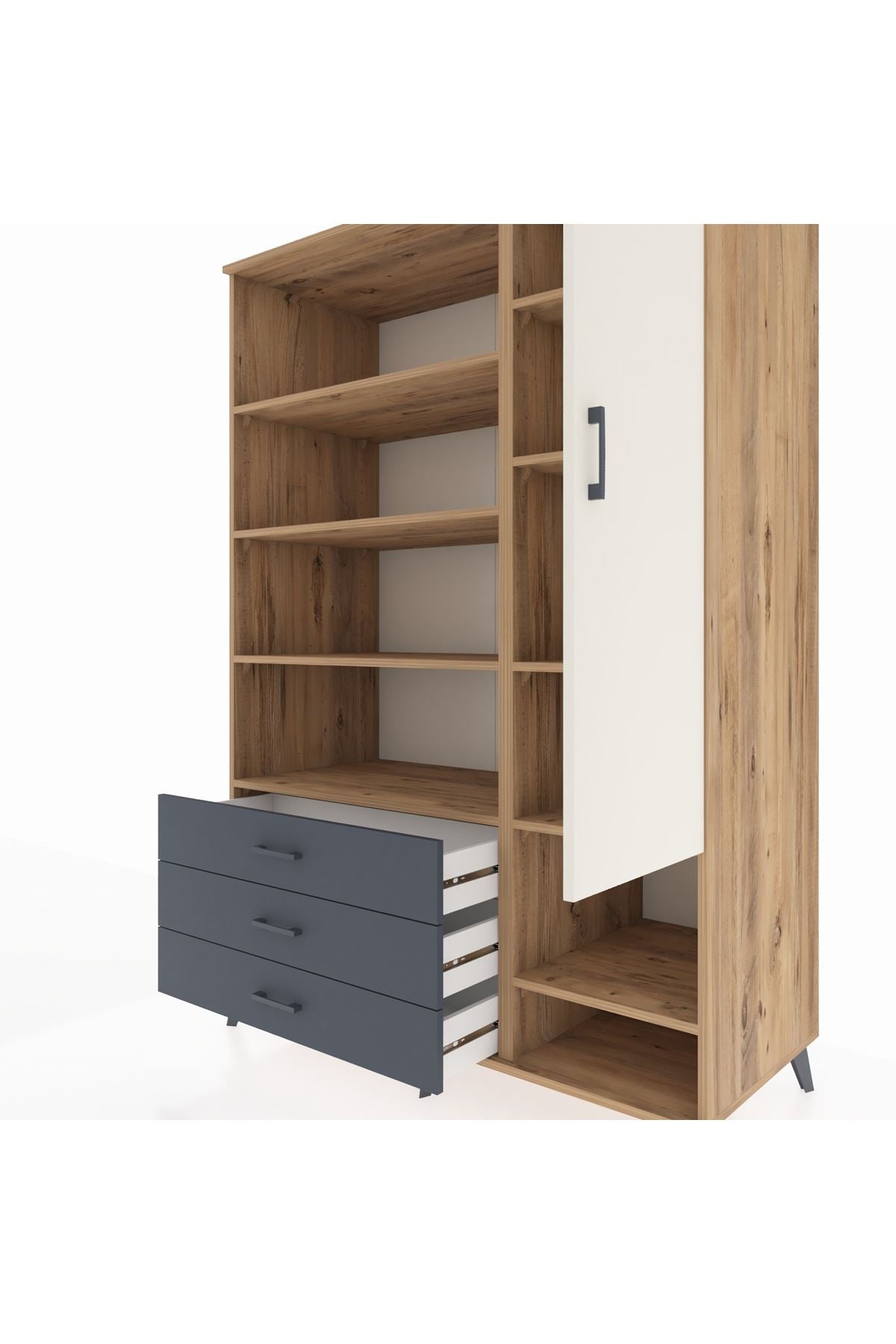 Kronos Dolap 9 Raflı 3 Çekmeceli Tek Kapaklı  132x59x195 Çam-Aytaşı/Antrasit