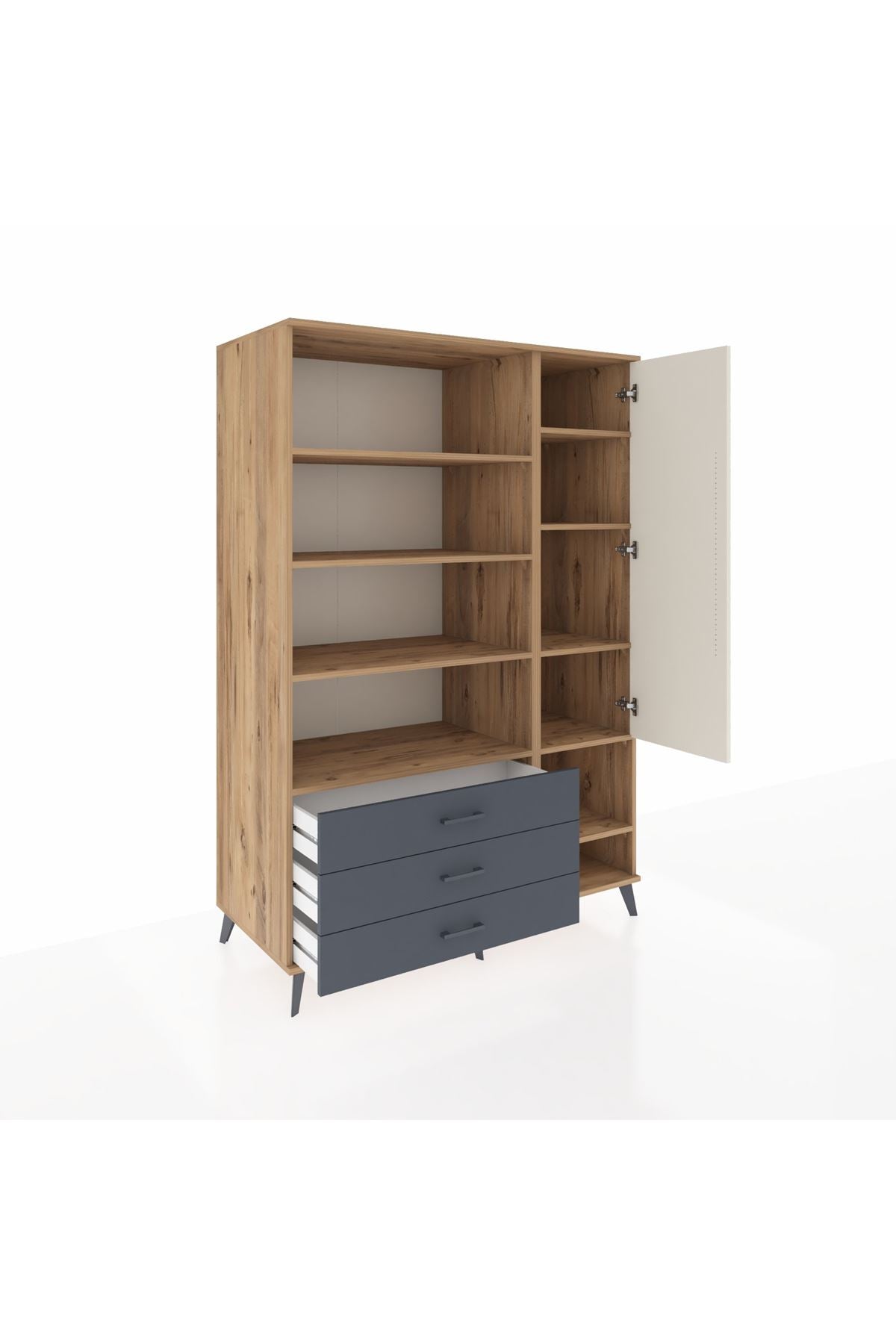 Kronos Dolap 9 Raflı 3 Çekmeceli Tek Kapaklı  132x59x195 Çam-Aytaşı/Antrasit