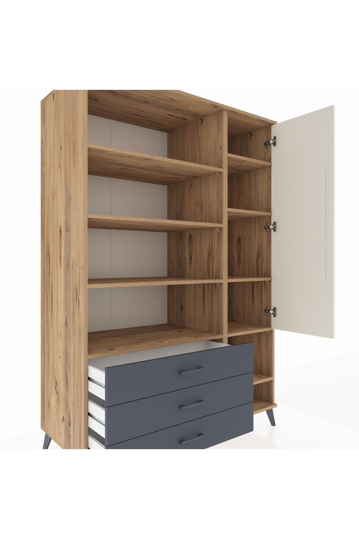 Kronos Dolap 9 Raflı 3 Çekmeceli Tek Kapaklı  132x59x195 Çam-Aytaşı/Antrasit