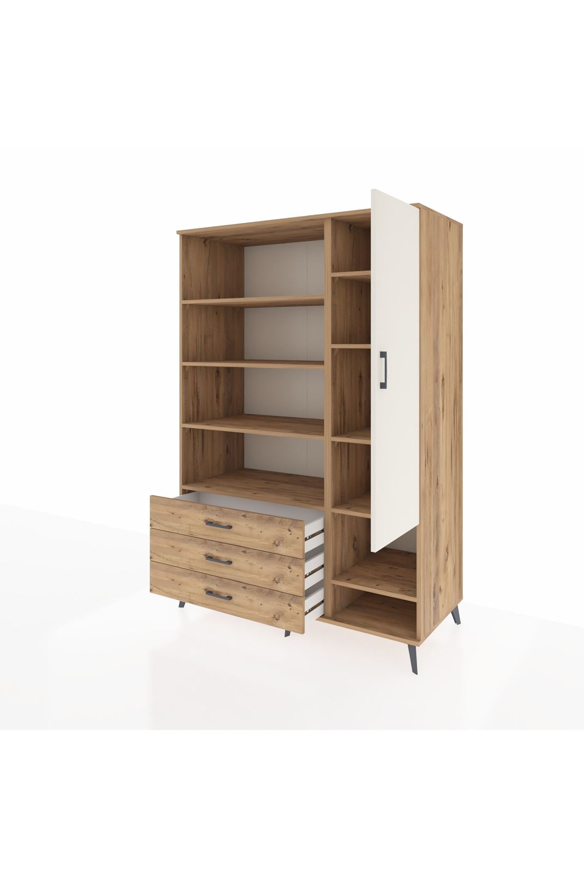 Kronos Dolap 9 Raflı 3 Çekmeceli Tek Kapaklı  132x59x195 Çam-Aytaşı/Çam