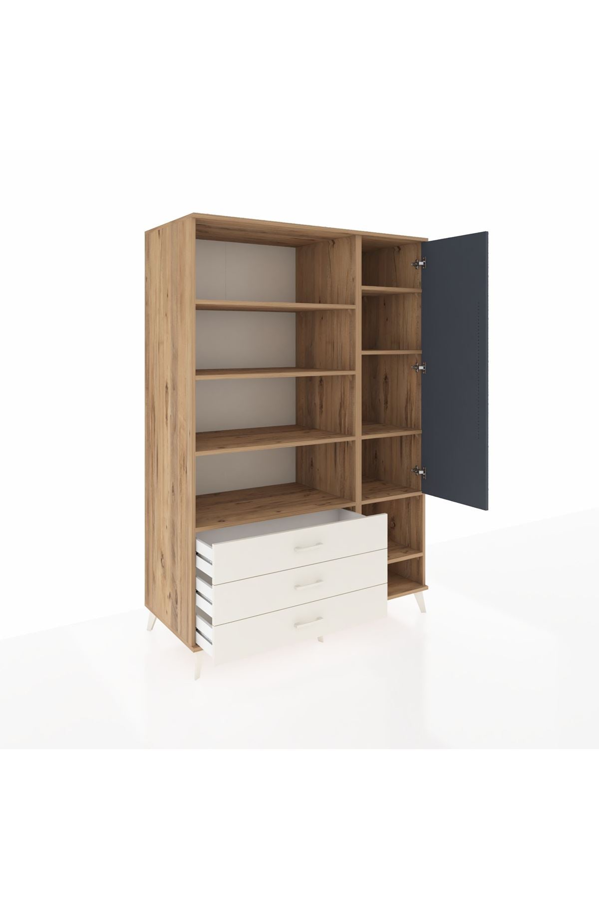 Kronos Dolap 9 Raflı 3 Çekmeceli Tek Kapaklı  132x59x195 Çam-Antrasit/Aytaşı