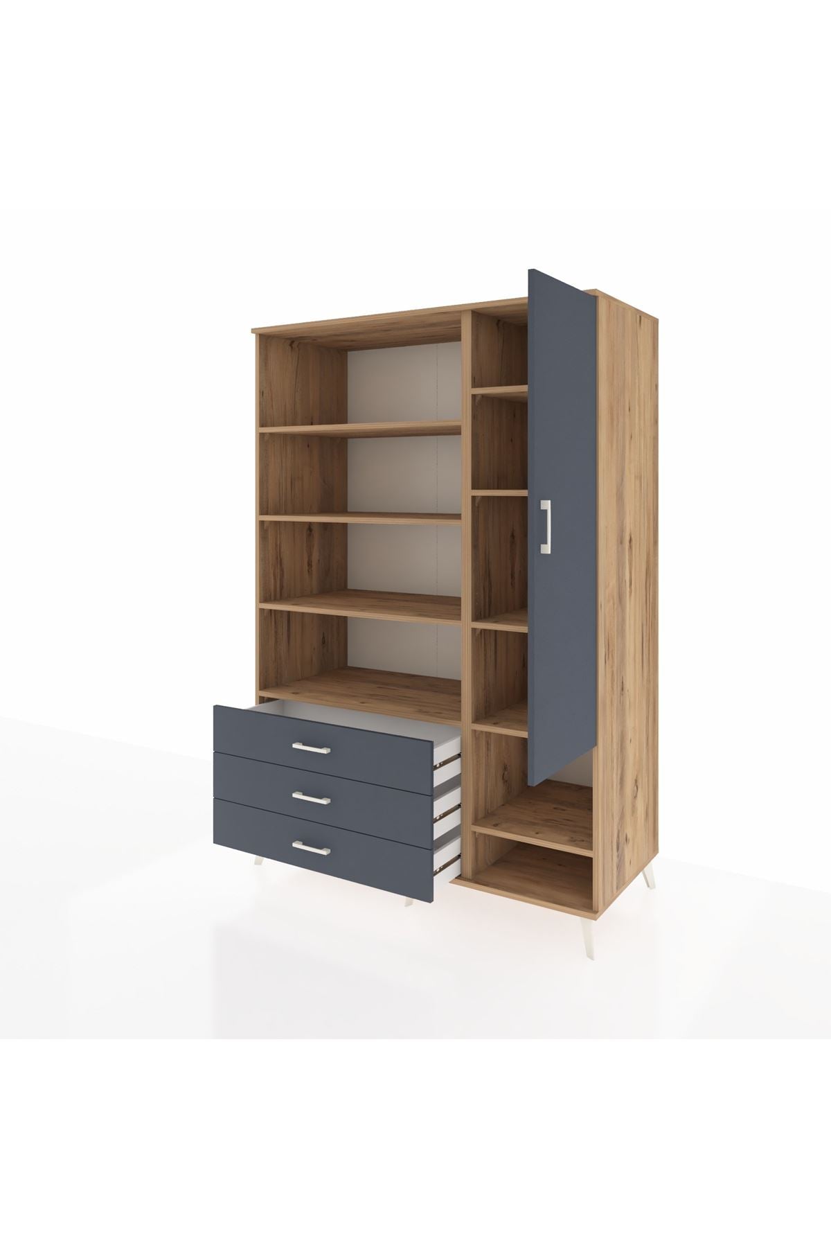 Kronos Dolap 9 Raflı 3 Çekmeceli Tek Kapaklı  132x59x195 Çam-Antrasit/Antrasit