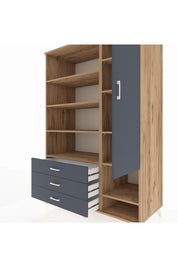 Kronos Dolap 9 Raflı 3 Çekmeceli Tek Kapaklı  132x59x195 Çam-Antrasit/Antrasit