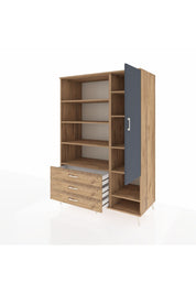 Kronos Dolap 9 Raflı 3 Çekmeceli Tek Kapaklı  132x59x195 Çam-Antrasit/Çam