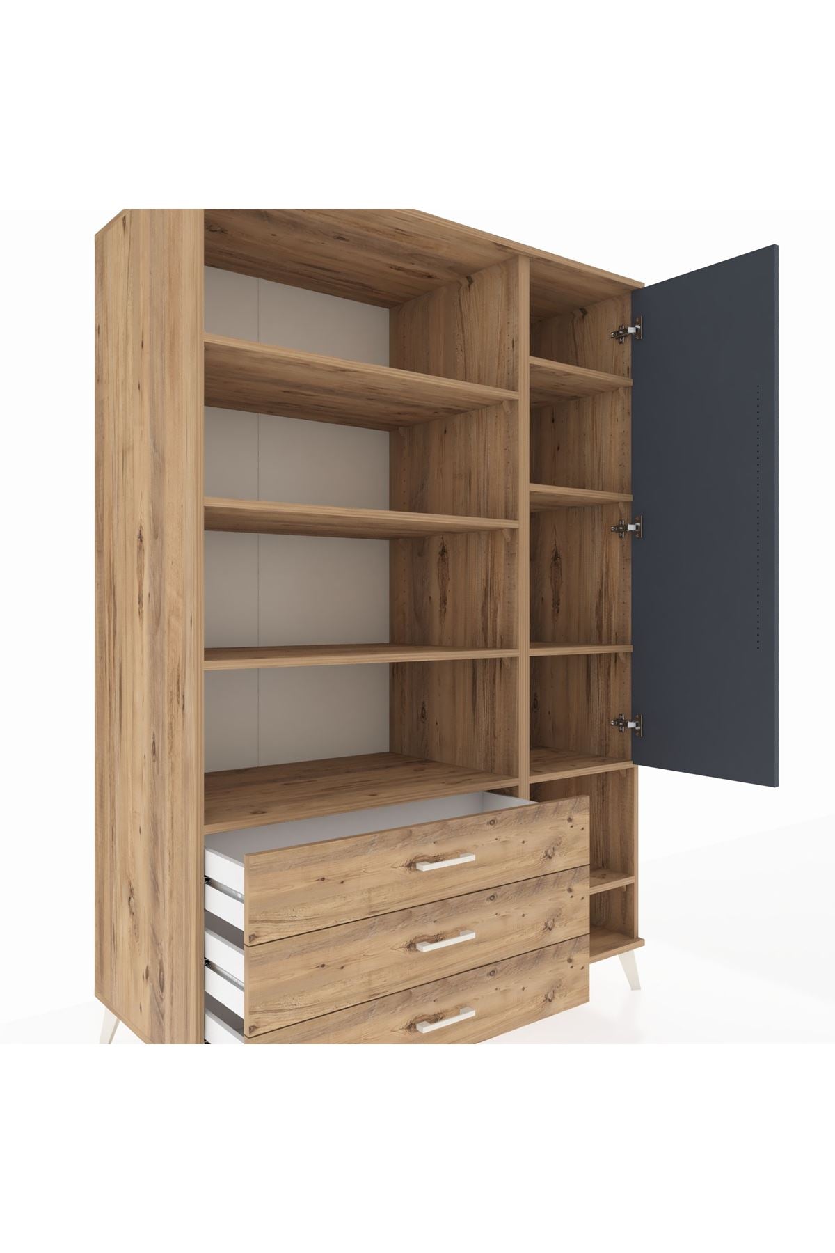 Kronos Dolap 9 Raflı 3 Çekmeceli Tek Kapaklı  132x59x195 Çam-Antrasit/Çam