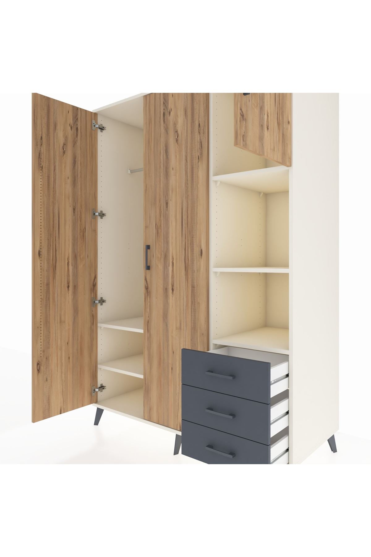 Kronos Dolap 5 Raflı 3 Çekmeceli Tek Askılı 132x59x195 Aytaşı-Çam/Antrasit