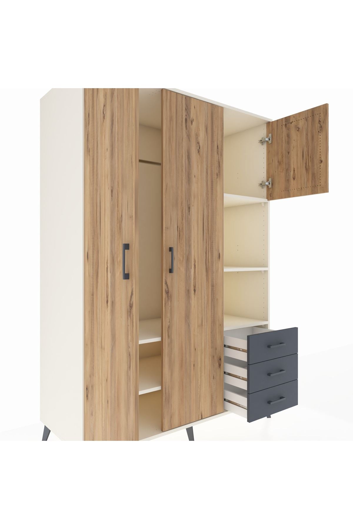 Kronos Dolap 5 Raflı 3 Çekmeceli Tek Askılı 132x59x195 Aytaşı-Çam/Antrasit