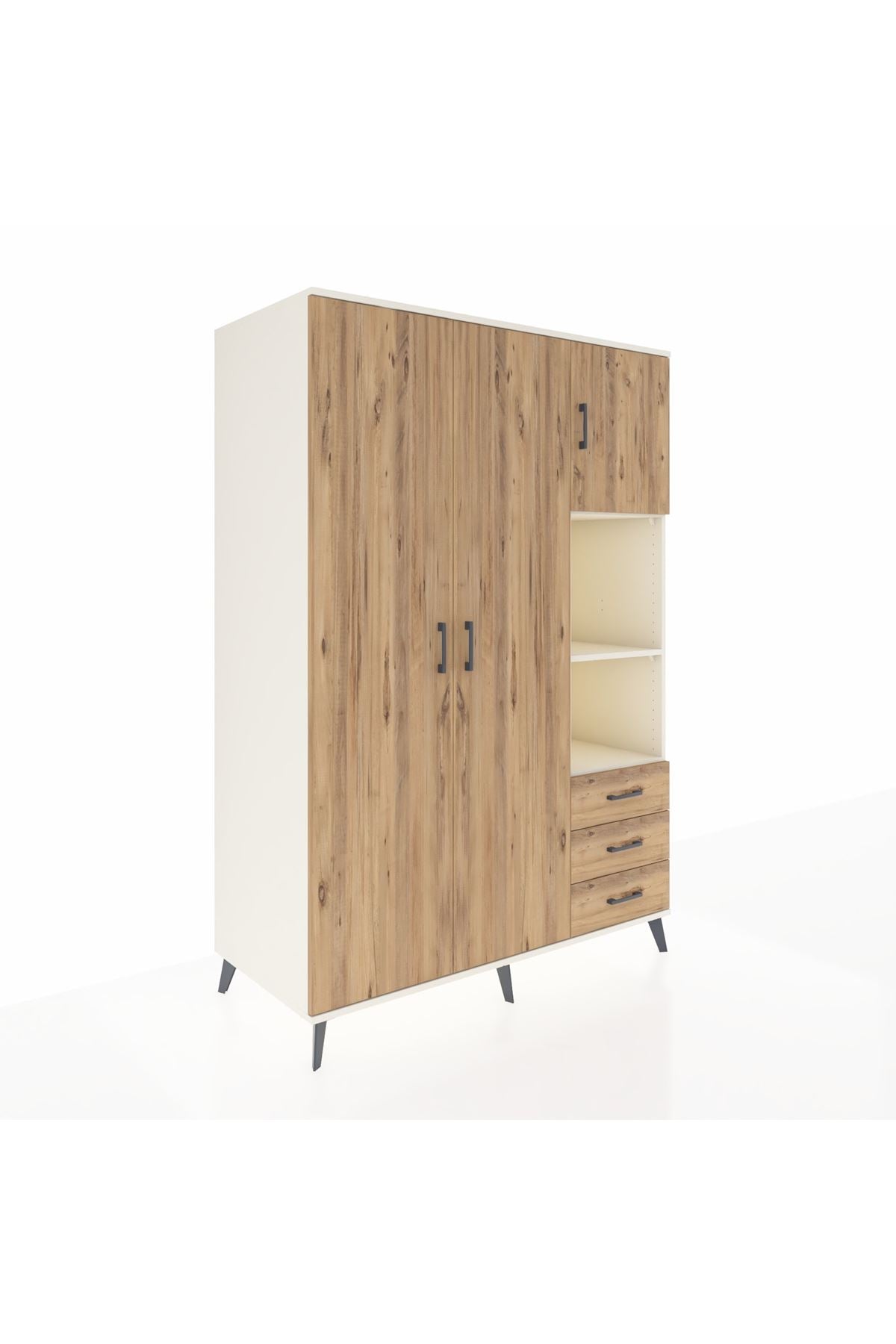 Kronos Dolap 5 Raflı 3 Çekmeceli Tek Askılı 132x59x195 Aytaşı-Çam/Çam