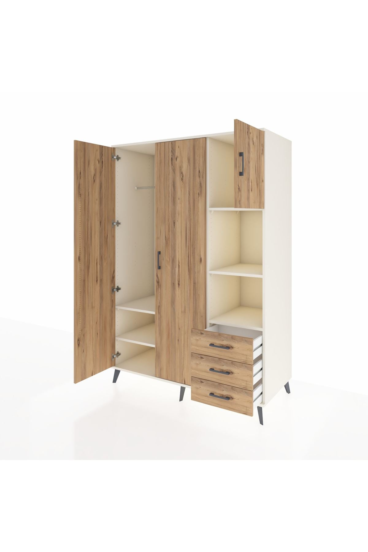 Kronos Dolap 5 Raflı 3 Çekmeceli Tek Askılı 132x59x195 Aytaşı-Çam/Çam