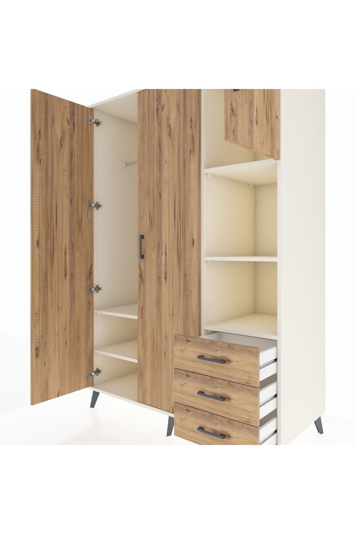 Kronos Dolap 5 Raflı 3 Çekmeceli Tek Askılı 132x59x195 Aytaşı-Çam/Çam