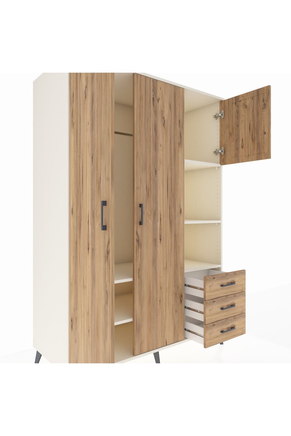 Kronos Dolap 5 Raflı 3 Çekmeceli Tek Askılı 132x59x195 Aytaşı-Çam/Çam