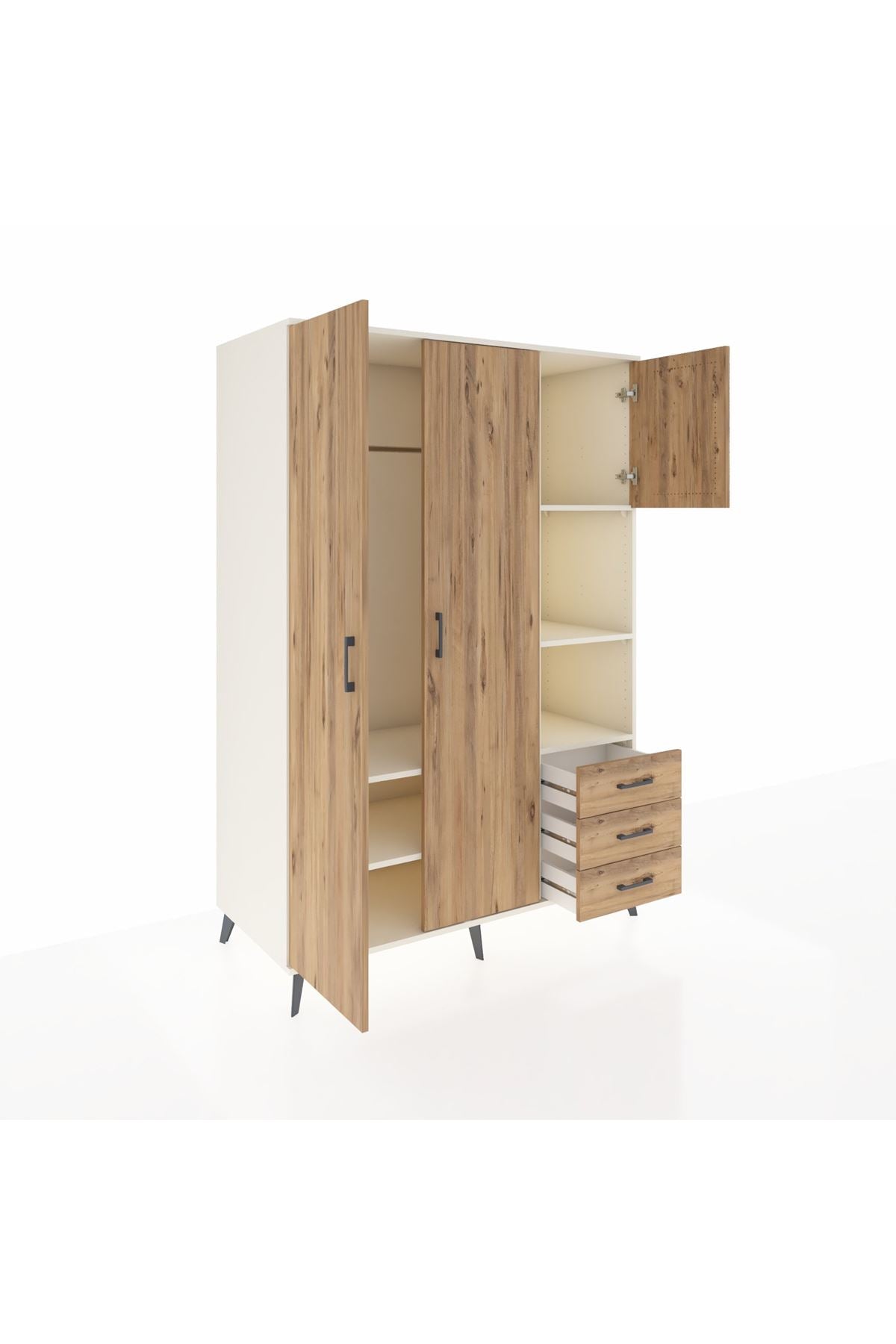 Kronos Dolap 5 Raflı 3 Çekmeceli Tek Askılı 132x59x195 Aytaşı-Çam/Çam