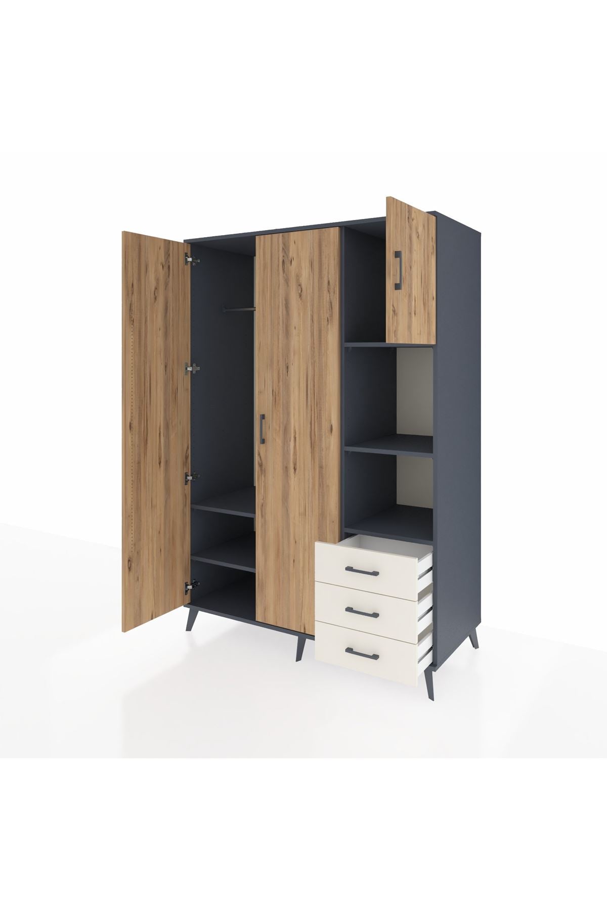 Kronos Dolap 5 Raflı 3 Çekmeceli Tek Askılı 132x59x195 Antrasit-Çam/Aytaşı