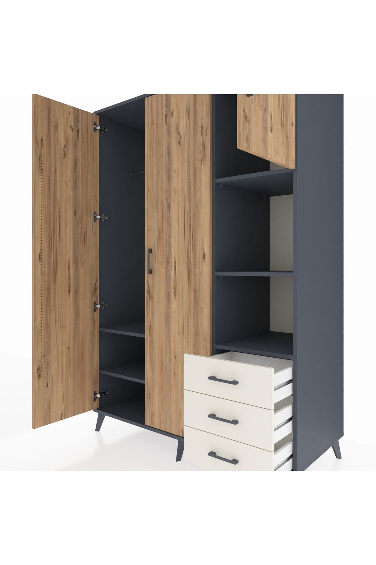 Kronos Dolap 5 Raflı 3 Çekmeceli Tek Askılı 132x59x195 Antrasit-Çam/Aytaşı