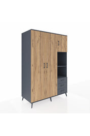 Kronos Dolap 5 Raflı 3 Çekmeceli Tek Askılı 132x59x195 Antrasit-Çam/Antrasit