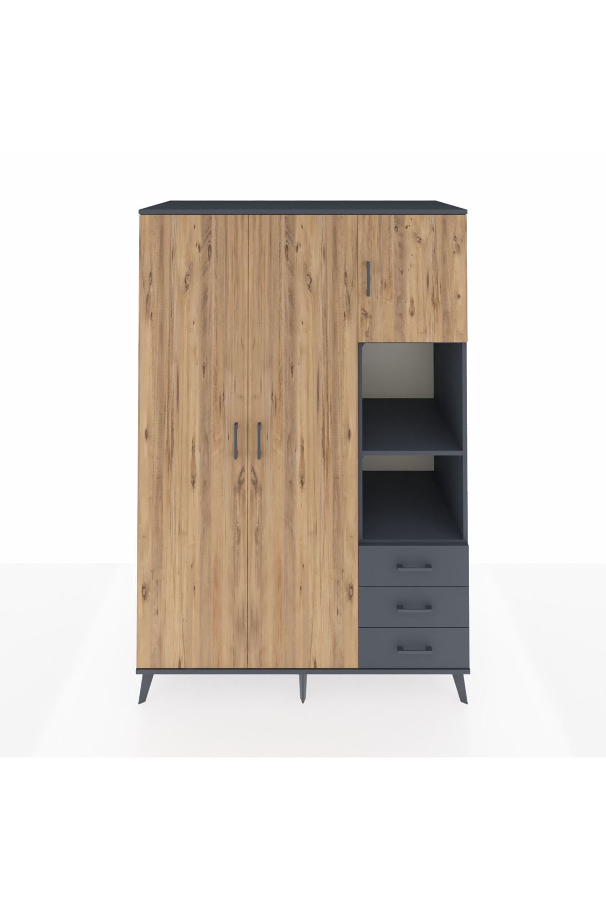 Kronos Dolap 5 Raflı 3 Çekmeceli Tek Askılı 132x59x195 Antrasit-Çam/Antrasit
