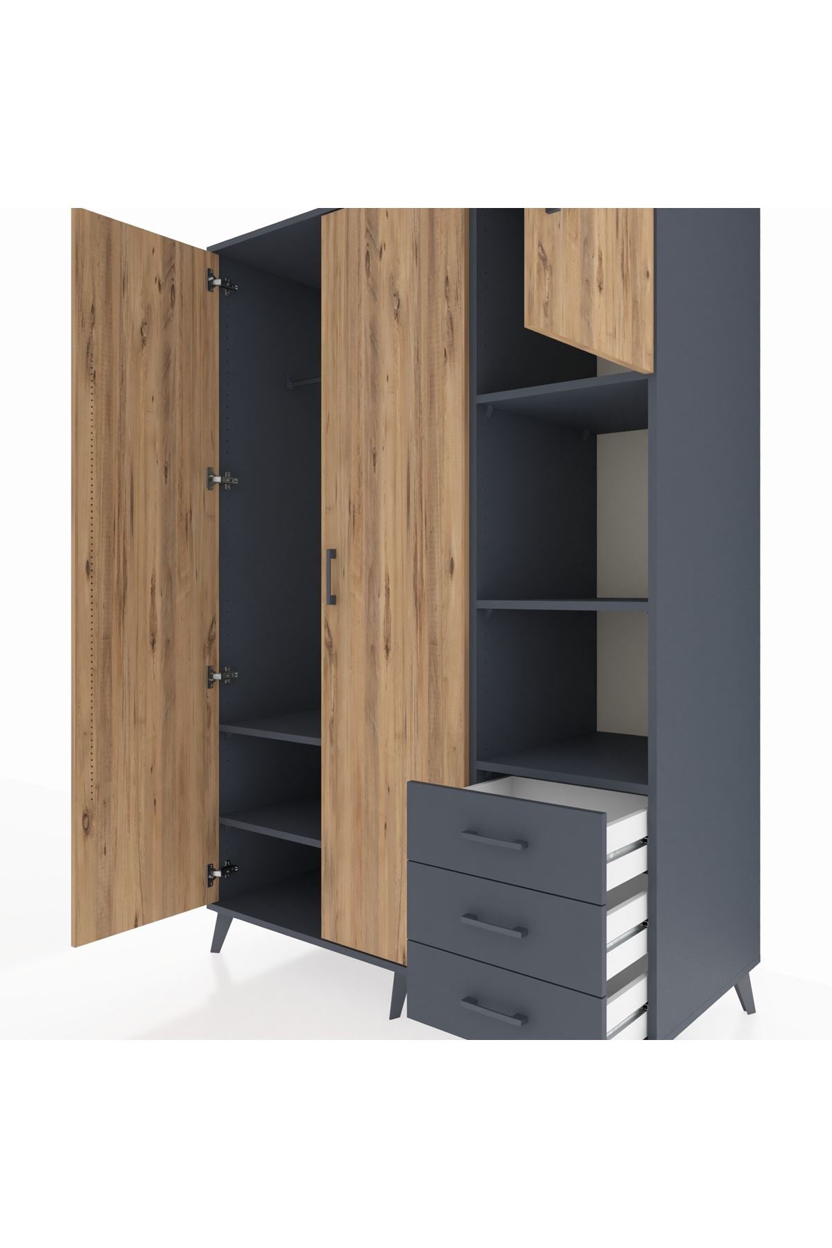 Kronos Dolap 5 Raflı 3 Çekmeceli Tek Askılı 132x59x195 Antrasit-Çam/Antrasit