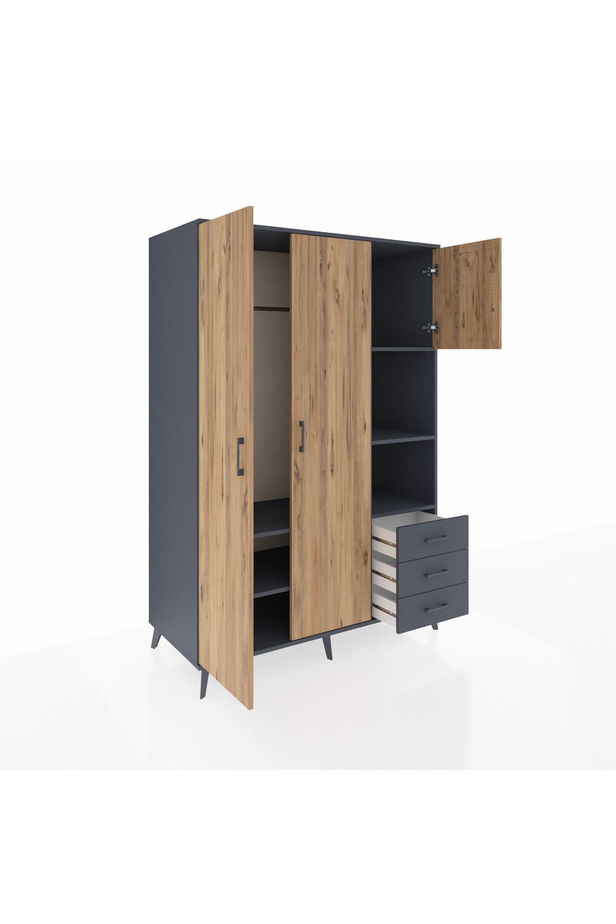 Kronos Dolap 5 Raflı 3 Çekmeceli Tek Askılı 132x59x195 Antrasit-Çam/Antrasit