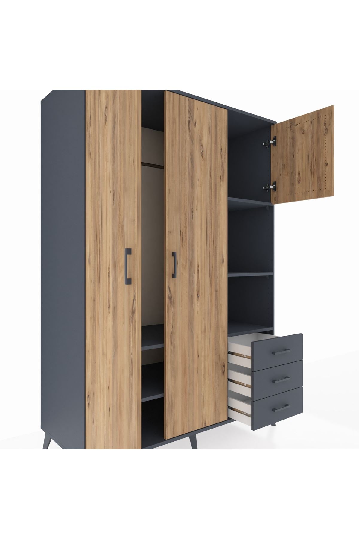 Kronos Dolap 5 Raflı 3 Çekmeceli Tek Askılı 132x59x195 Antrasit-Çam/Antrasit