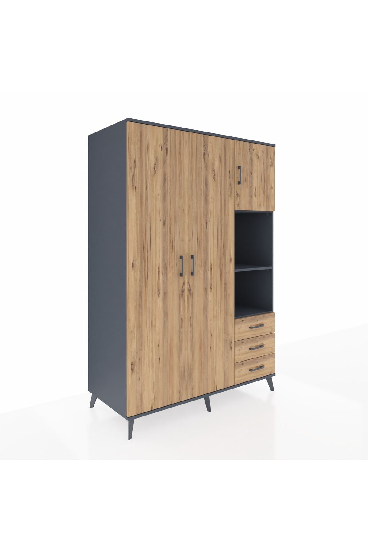 Kronos Dolap 5 Raflı 3 Çekmeceli Tek Askılı 132x59x195 Antrasit-Çam/Çam