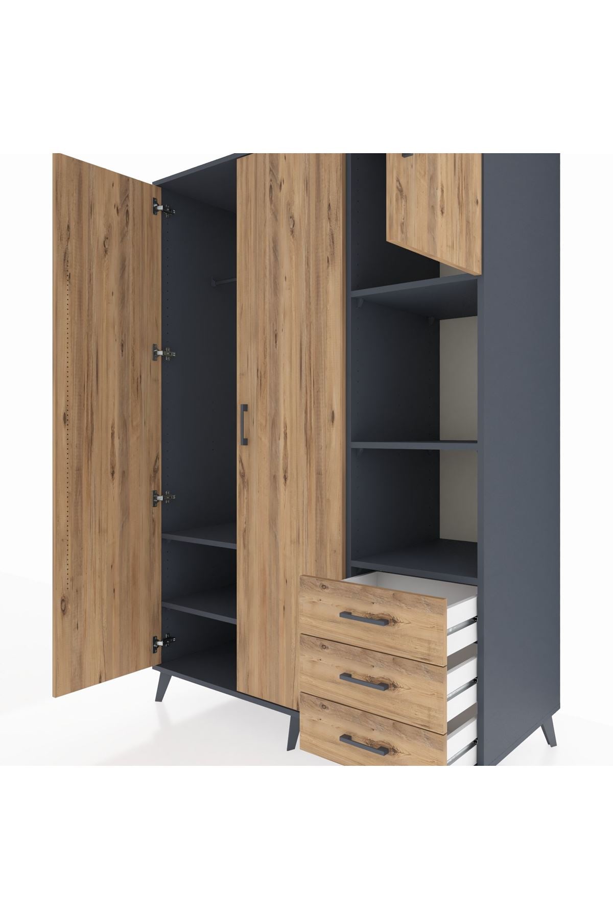 Kronos Dolap 5 Raflı 3 Çekmeceli Tek Askılı 132x59x195 Antrasit-Çam/Çam