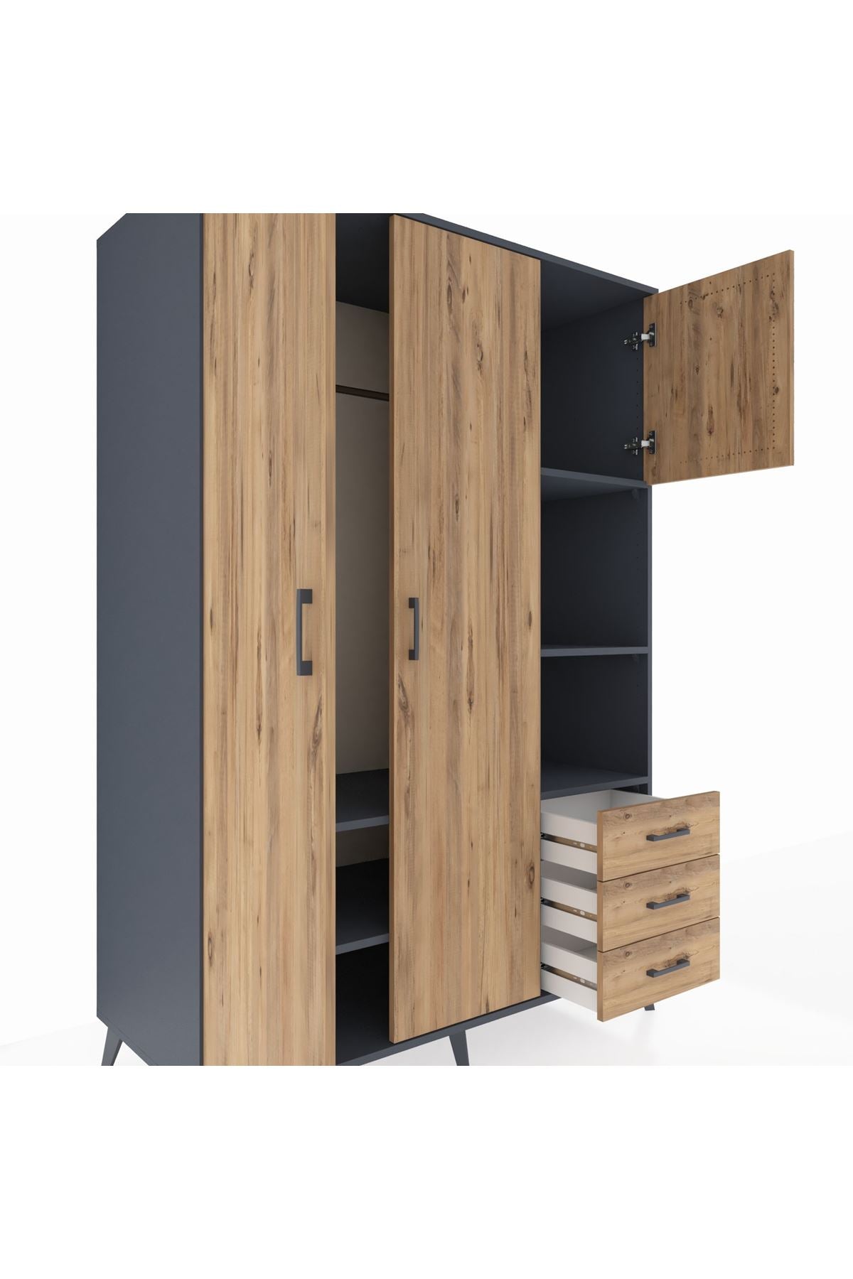 Kronos Dolap 5 Raflı 3 Çekmeceli Tek Askılı 132x59x195 Antrasit-Çam/Çam