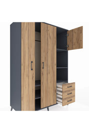 Kronos Dolap 5 Raflı 3 Çekmeceli Tek Askılı 132x59x195 Antrasit-Çam/Çam